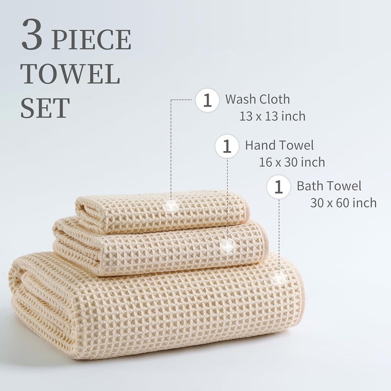 MICROFI New Microfiber Waffle Bath Towels, 3 Pieces, Oversized, Soft, Absorbent, Fast Drying, Lint Free, Includes Bath, Face and Hand Towels (Champagne) - Image 3